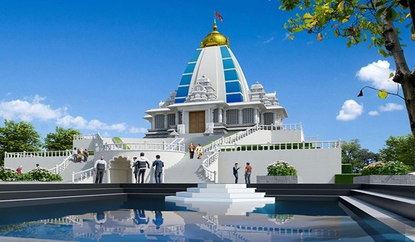 Front view of ISKCON Temple in Whitefield, Bangalore with serene architecture and greenery